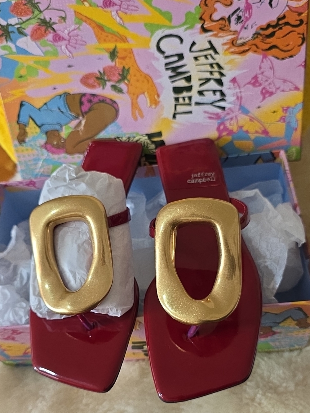 Jeffrey Campbell Red Patent Slide with Large Gold Sculptural Buckle